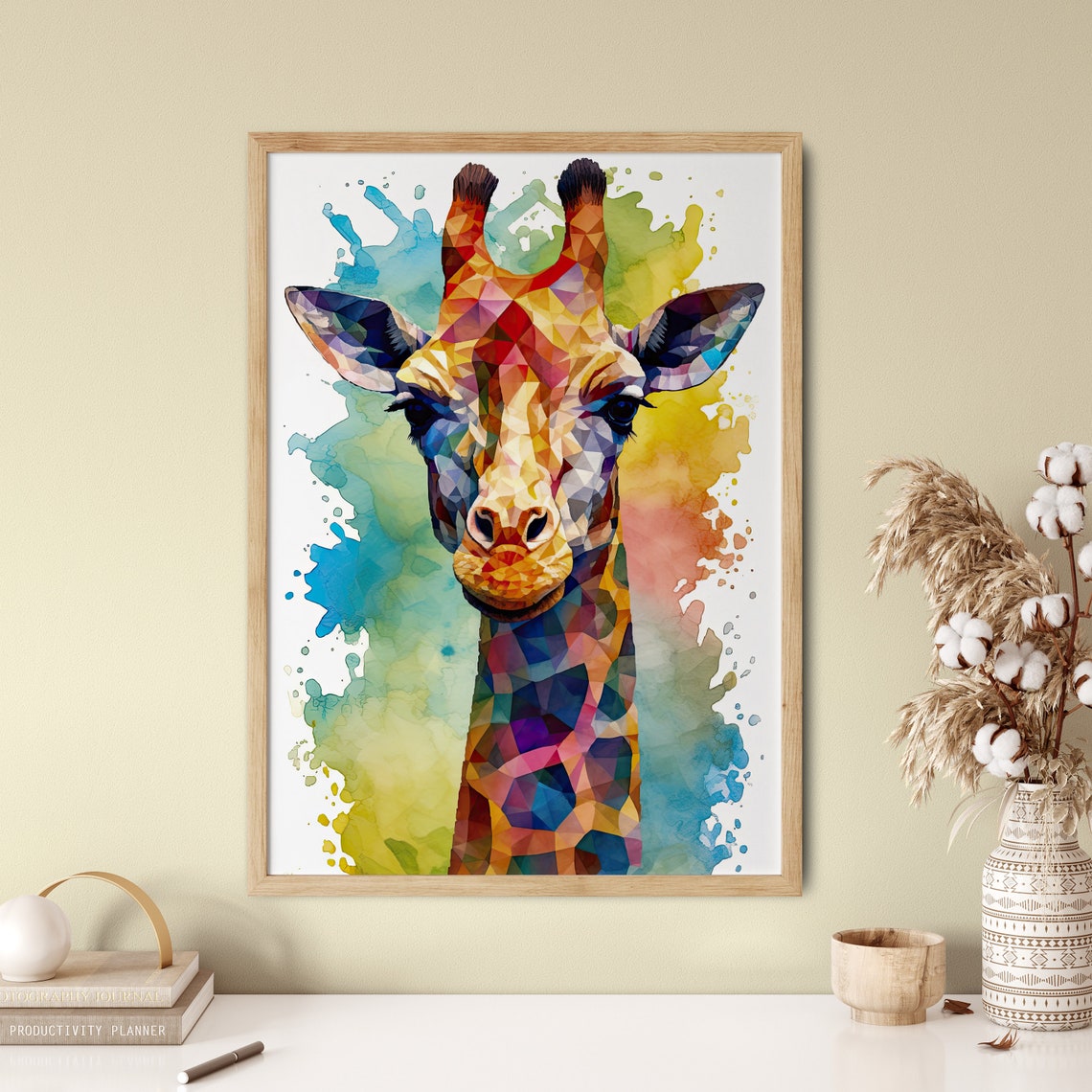 Geometric Rainbow Giraffe Watercolour Splash Kids Animal Poster - Image 5