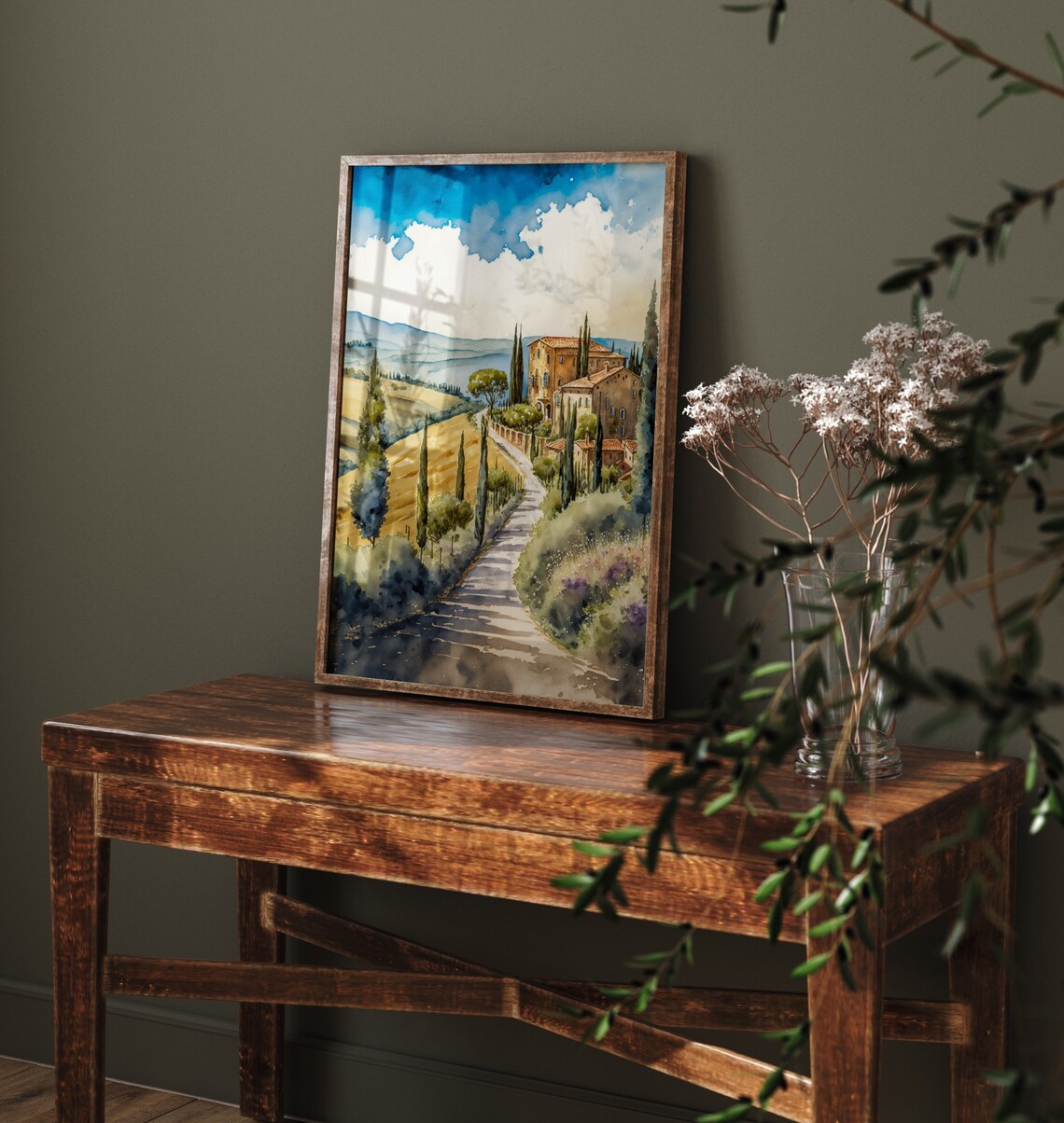 Tuscan Villa Hill Cypress Road Blue Sky Watercolor Landscape Poster - Image 5