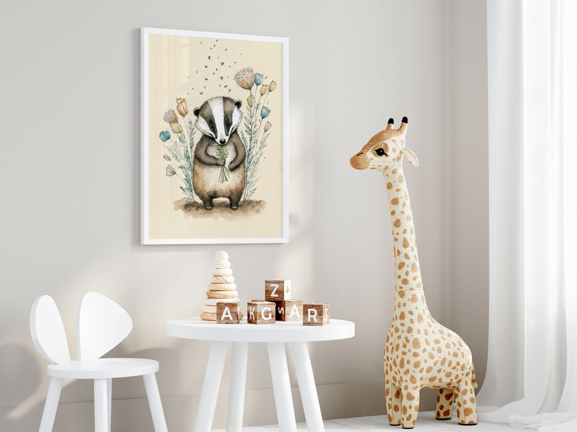 Baby Badger Holding Flowers Watercolor Nursery Woodland Art Print - Image 4