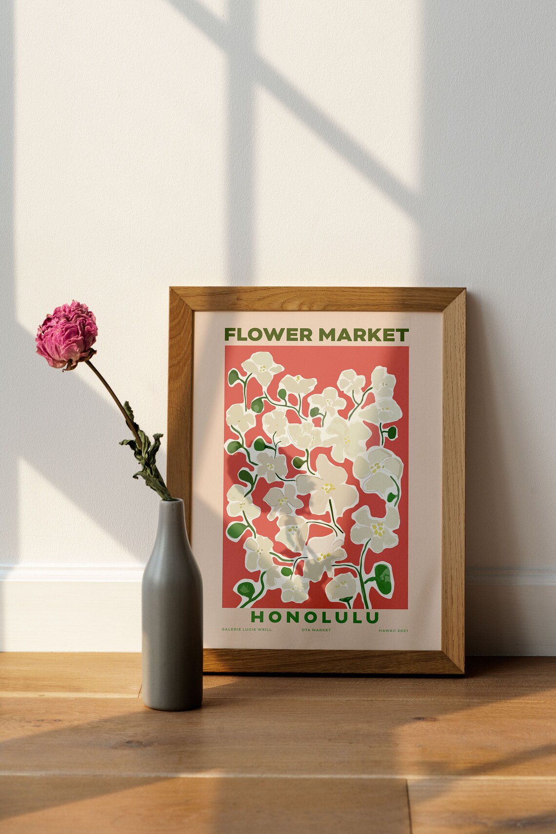 Honolulu Flower Market Poster White Orchids On Coral Tropical Art - Image 3