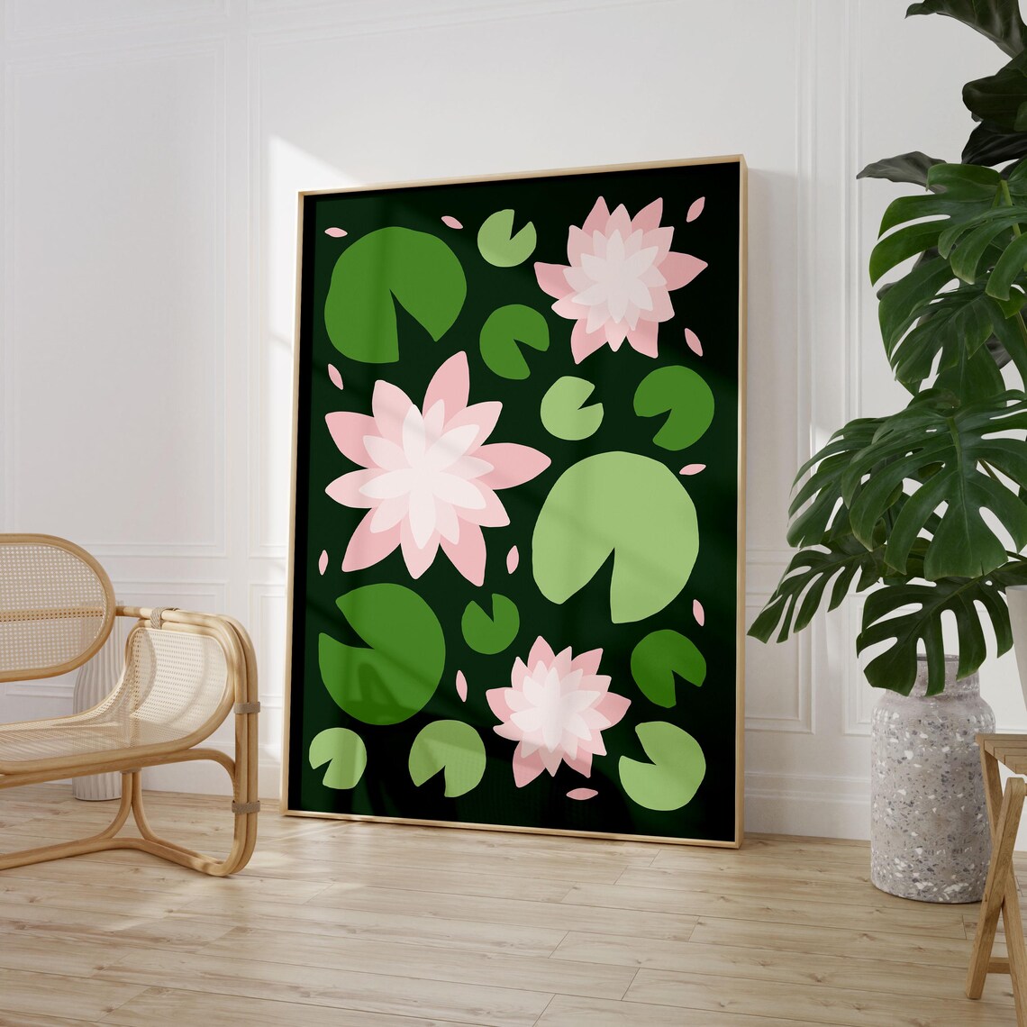 Pink Water Lilies on Deep Green Retro Maximalist Floral Poster