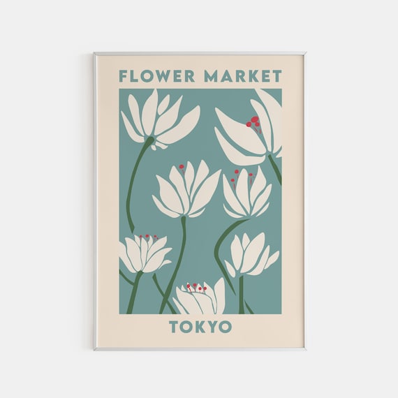 Tokyo Flower Market Poster White Lilies On Teal Modern Floral Art