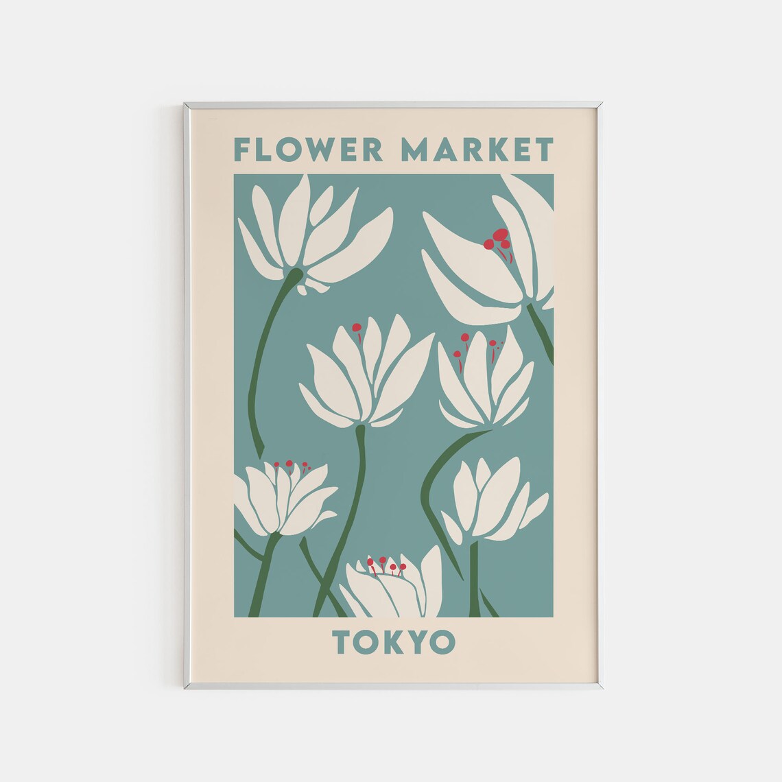 Tokyo Flower Market Poster White Lilies On Teal Modern Floral Art