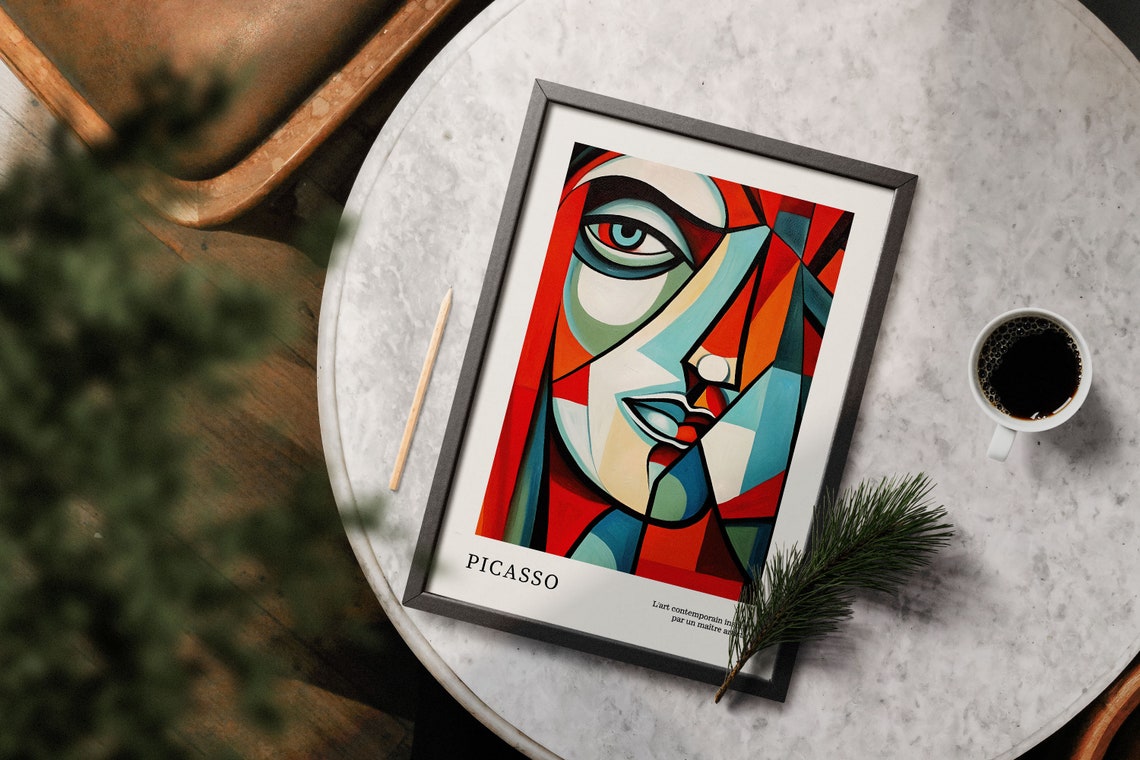 Red and Teal Fragmented Cubist Face in Modernist Picasso Style Poster - Image 2