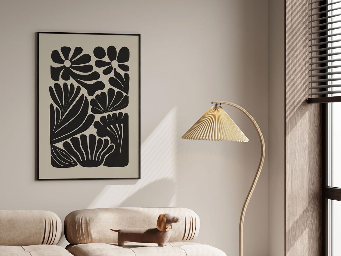Beige Black Rounded Bloom Abstract Floral Botanical Art Poster - Image 3