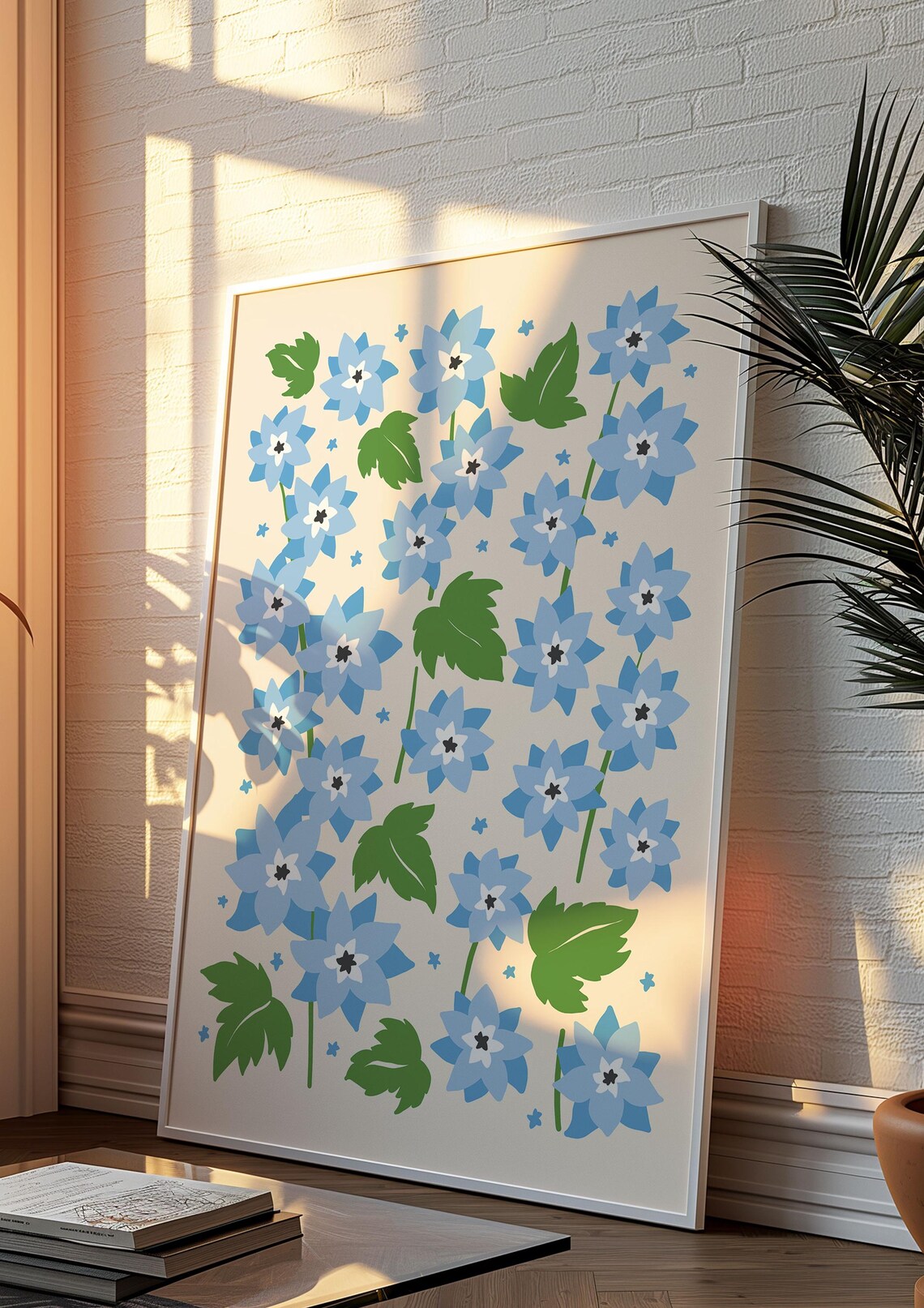 Blue Wildflower Botanical Poster with Green Leaves on Cream Background - Image 3