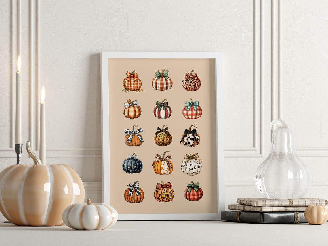 Patterned Pumpkin Grid Fall Farmhouse Decor Autumn Watercolor Poster - Image 3