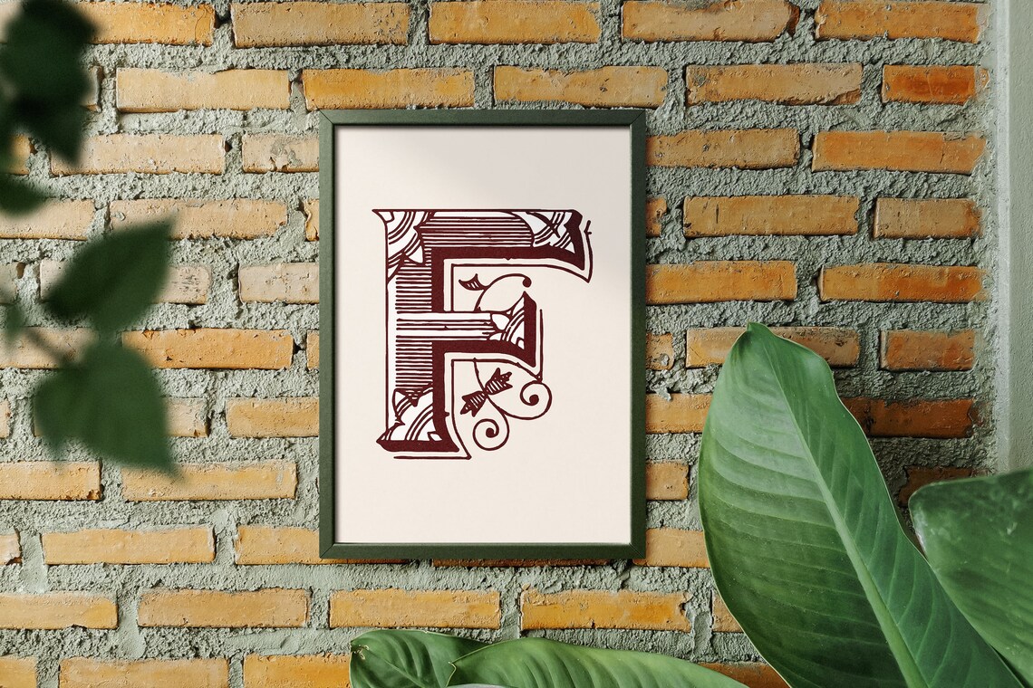 Letter F Burgundy Engraved Ornate Alphabet Typography Antique Book Poster - Image 5
