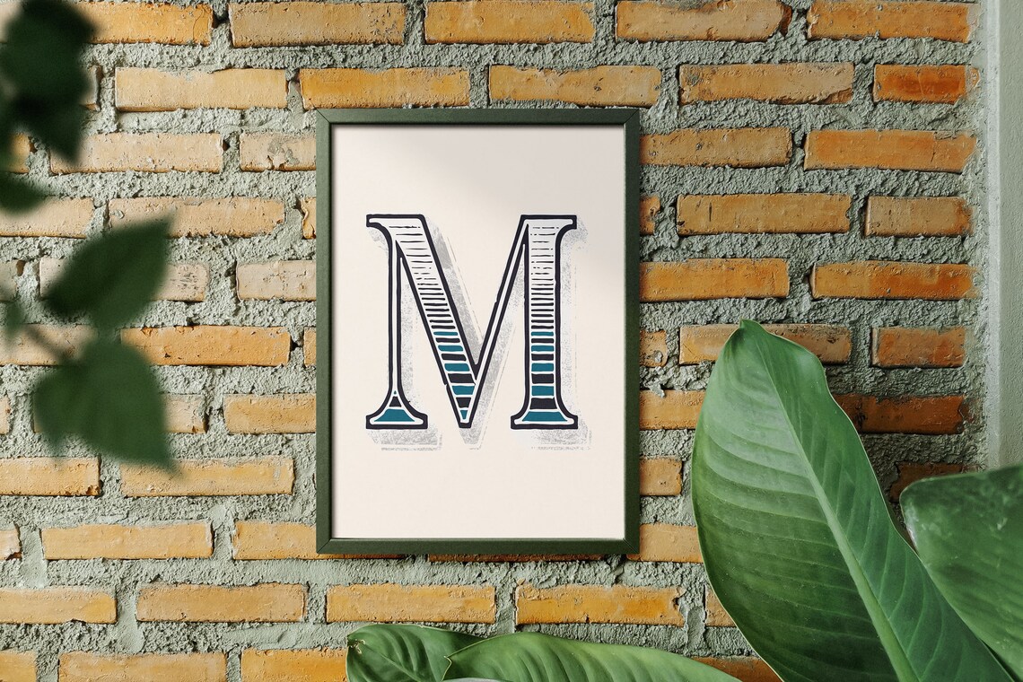 Letter M Navy Teal Striped Deco Alphabet Typography Eclectic Wall Decor Poster - Image 2