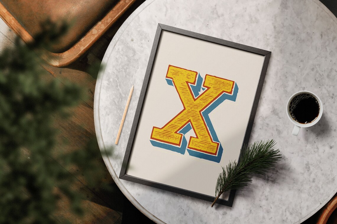 Letter X Golden Yellow Teal Striped Alphabet Typography Playroom Poster - Image 2