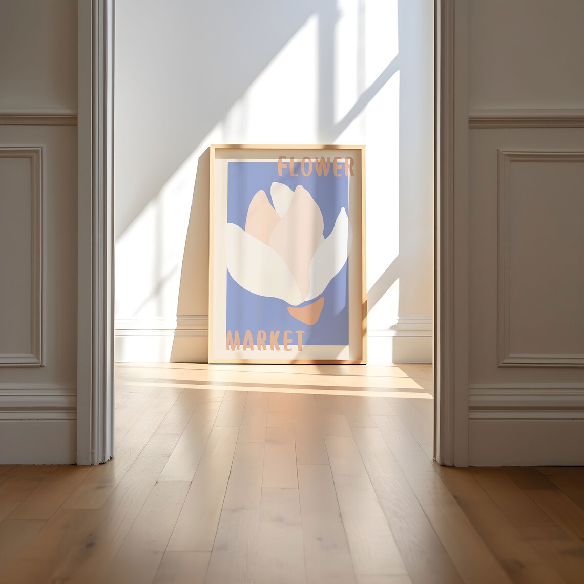 White Tulip Blossom on Periwinkle Blue Retro Flower Market Poster - Image 3