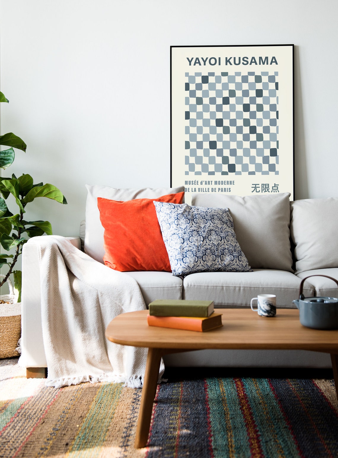 Yayoi Kusama Style Dusty Blue Checkerboard Hand Drawn Grid Poster - Image 4