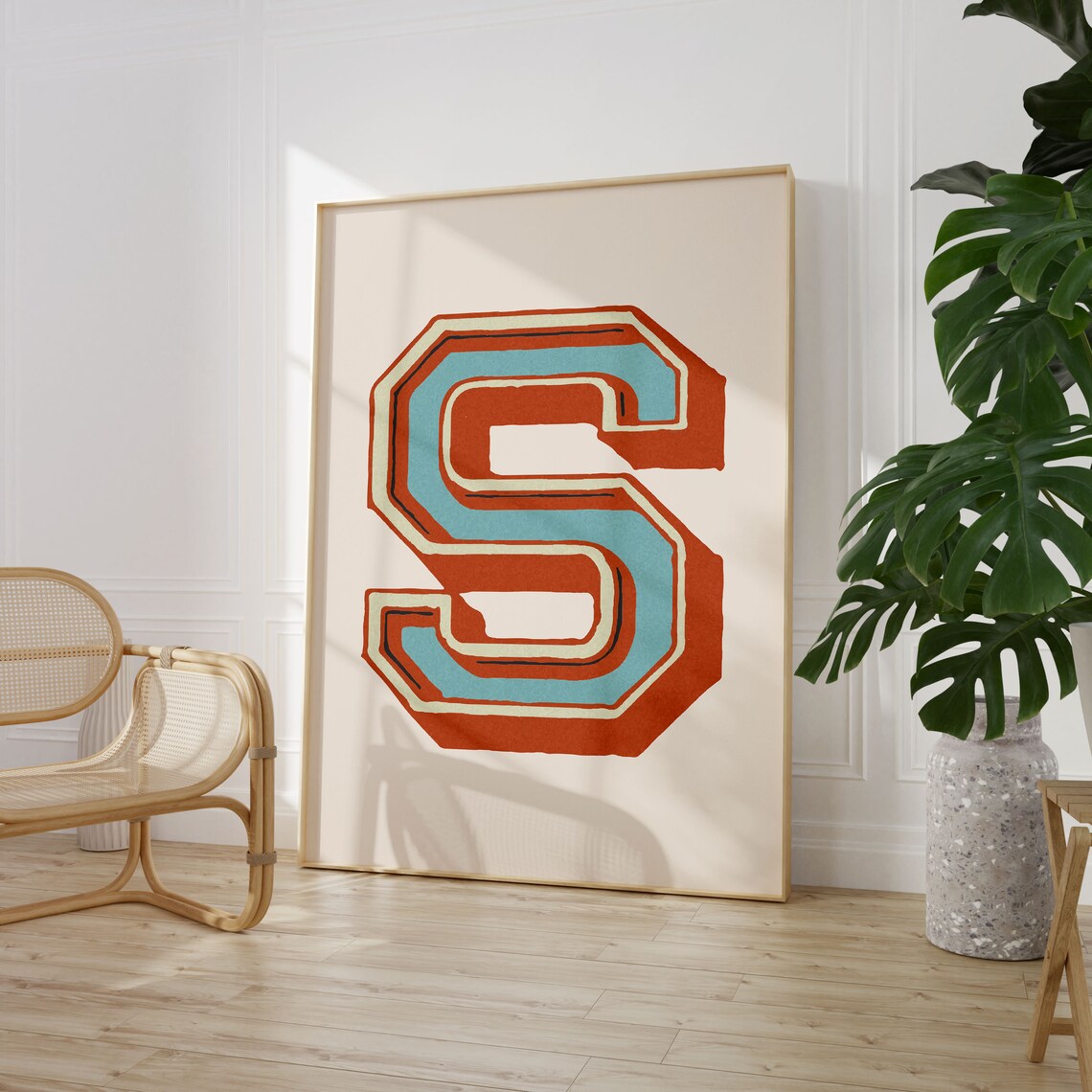 Letter S Rust Orange Teal Varsity Alphabet Typography Eclectic Room Poster