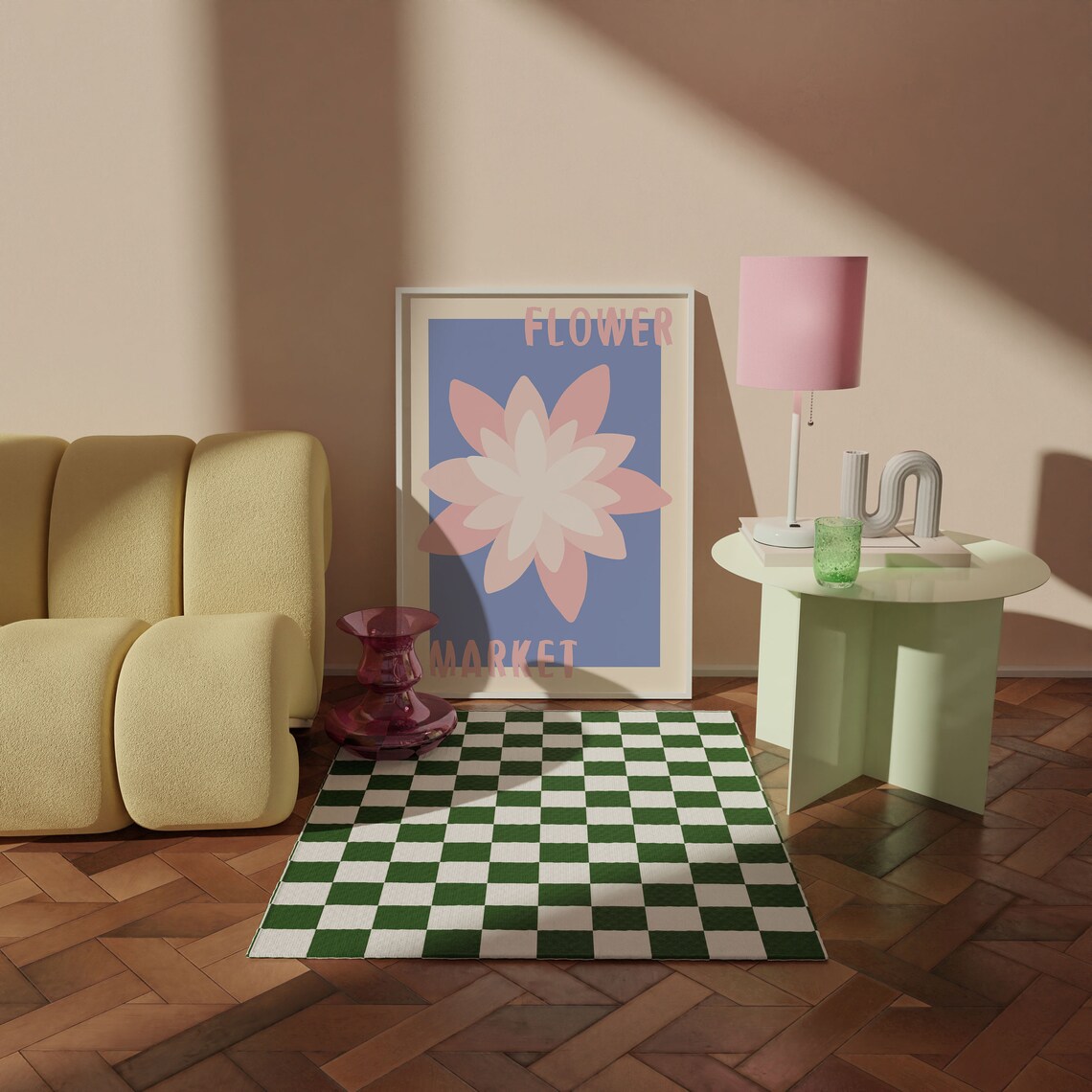 Pink Blossom on Periwinkle Blue Retro Flower Market Art Poster - Image 3