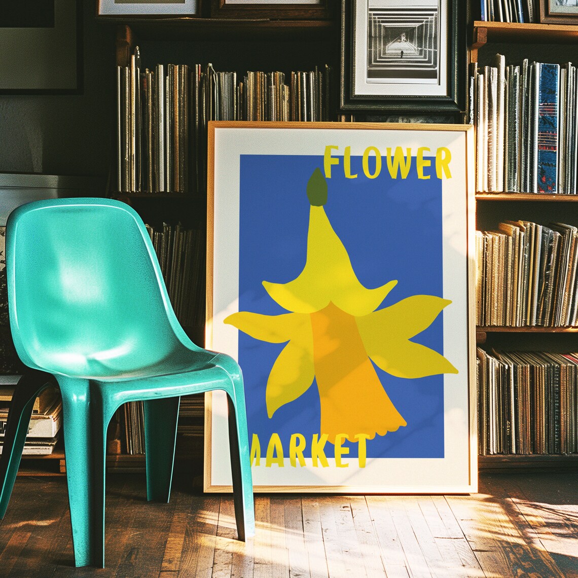 Blue Flower Market Pop Art Poster with Yellow Daffodil Design - Image 4