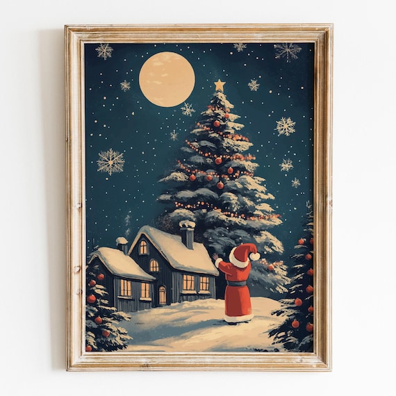 Santa Decorating Christmas Tree Outside Cottage Moonlight Poster