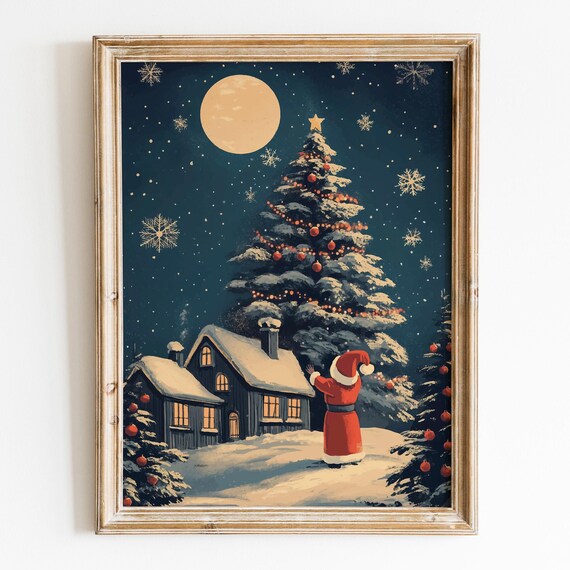 Winter Cottagecore Holiday Poster Festive Snowy Starry Night Sky Christmas Scene Illustration Cute Christmas Wall Art Print Xmas Decor