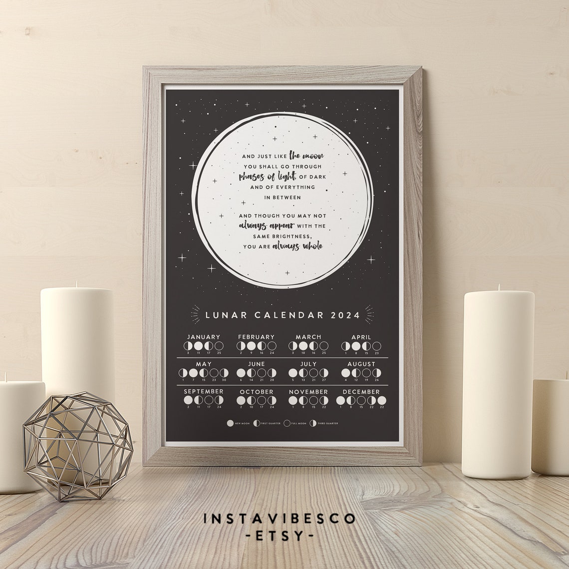 2024 Lunar Calendar Moon Phases Chart Celestial Black White Poster