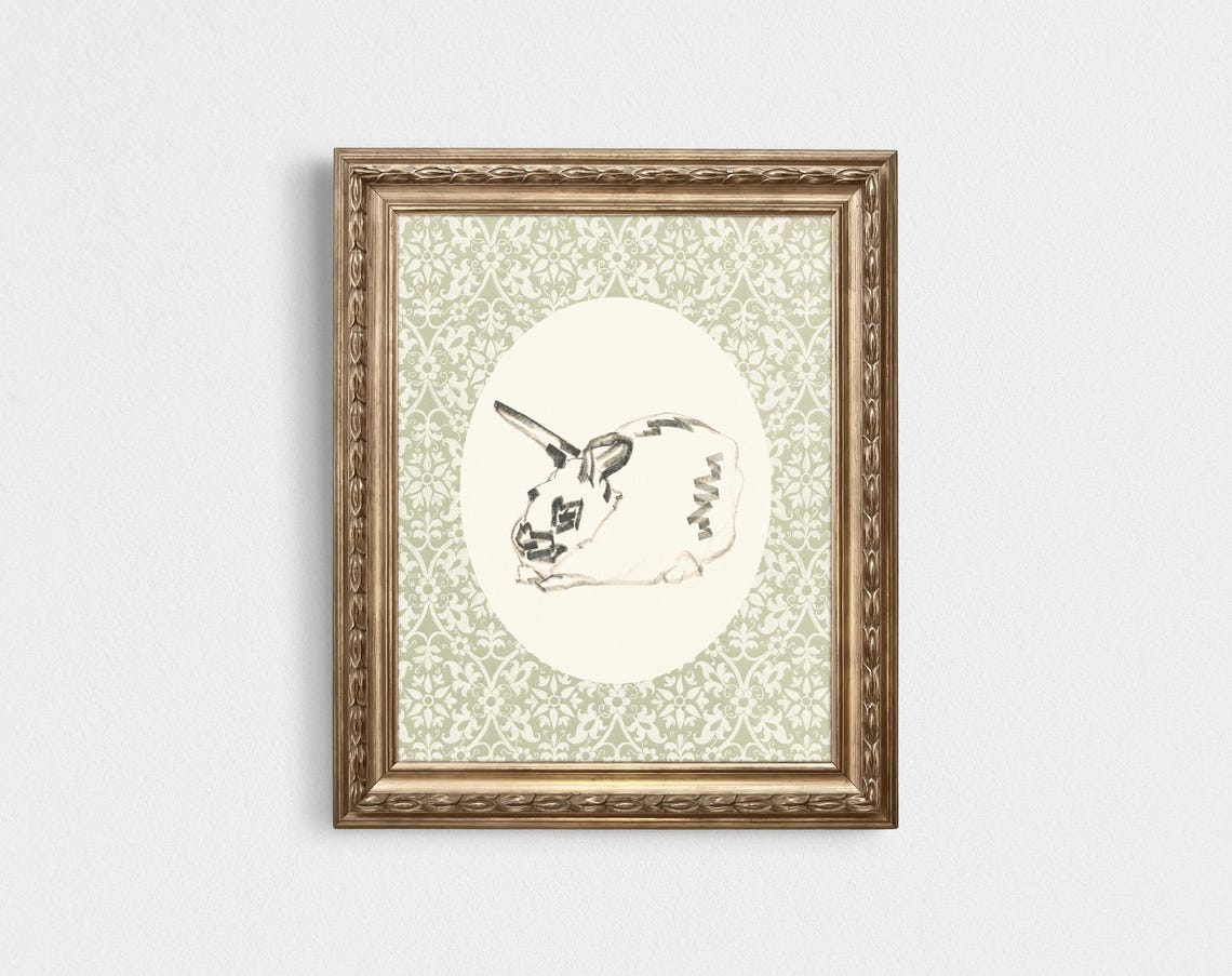 Cute Rabbit Sketch Oval Medallion Sage Green Damask Wall Art - Image 4