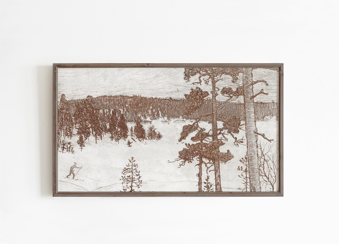 Brown Ink Sketch Snowy Forest Skier Vintage Winter Art Poster - Image 2