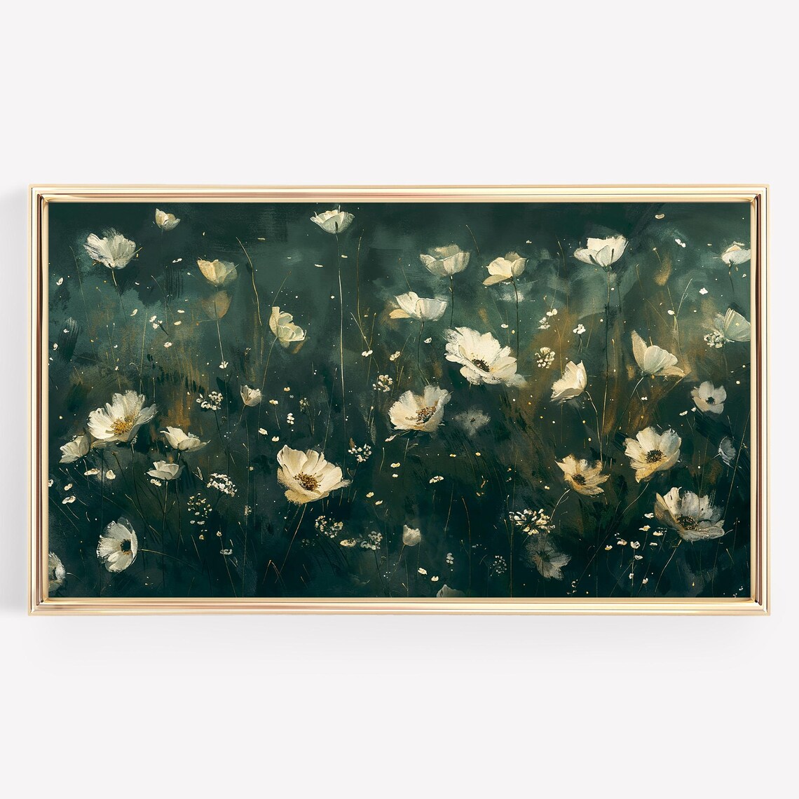 White Cosmos Wildflowers Dark Green Meadow Night Floral Poster - Image 4