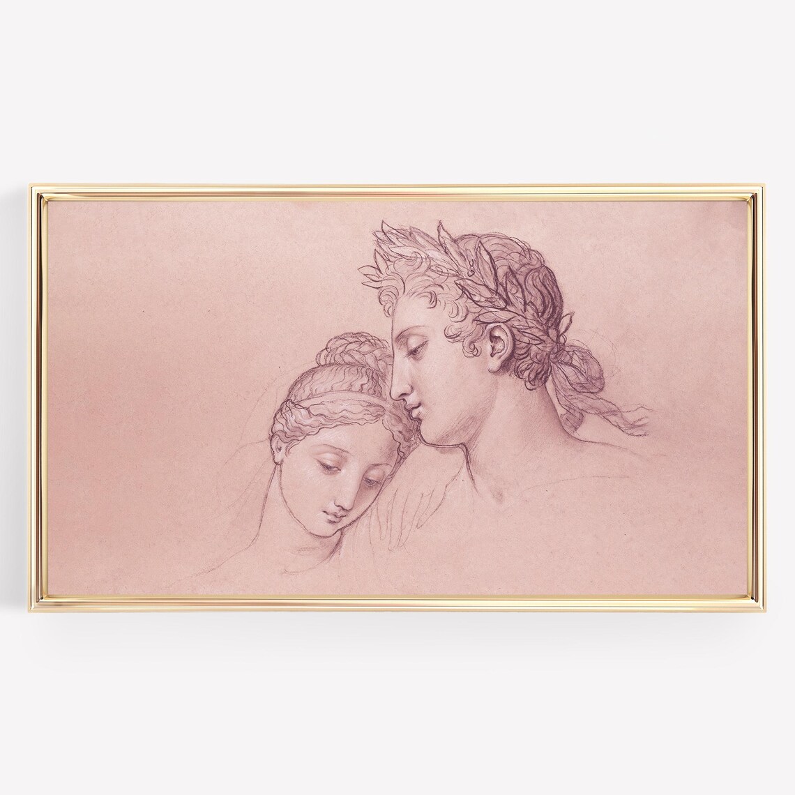 Vintage Classical Couple Sketch Pink Laurel Wreath Portrait Poster