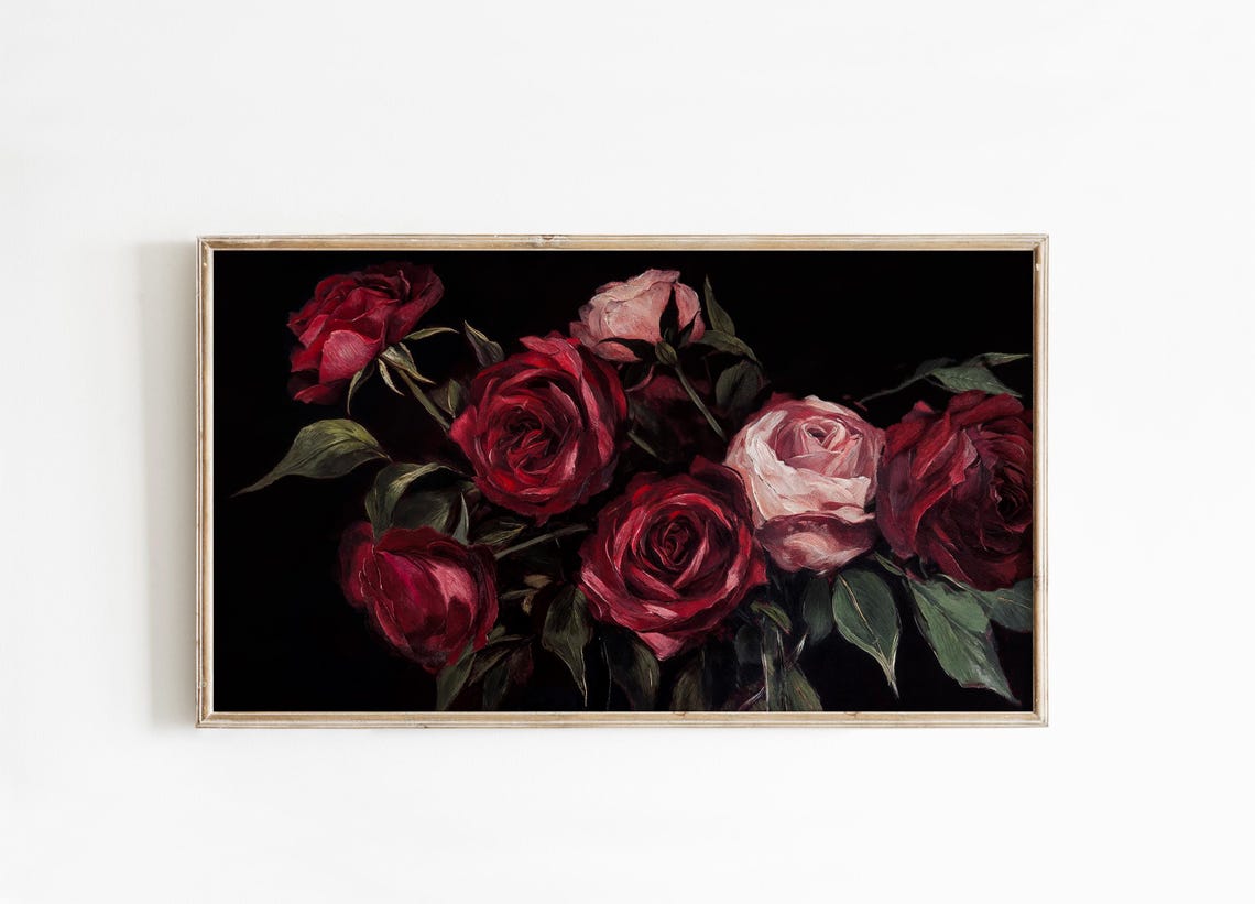 Moody Dark Red Roses Bouquet Black Background Floral Wall Art - Image 3