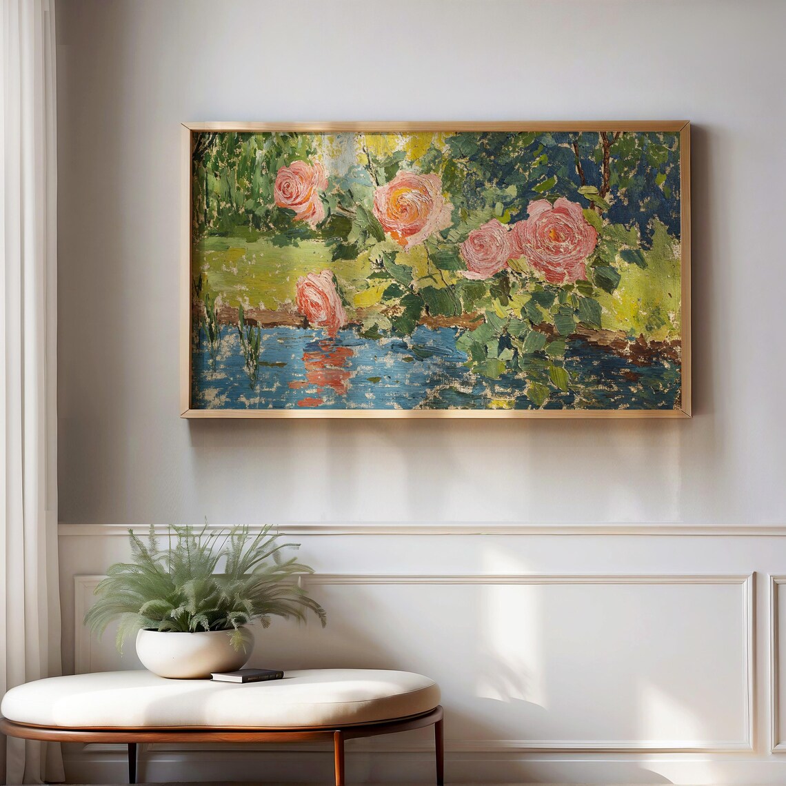 Pink Roses Over Water Vintage Textured Garden Oil Painting Poster - Image 3