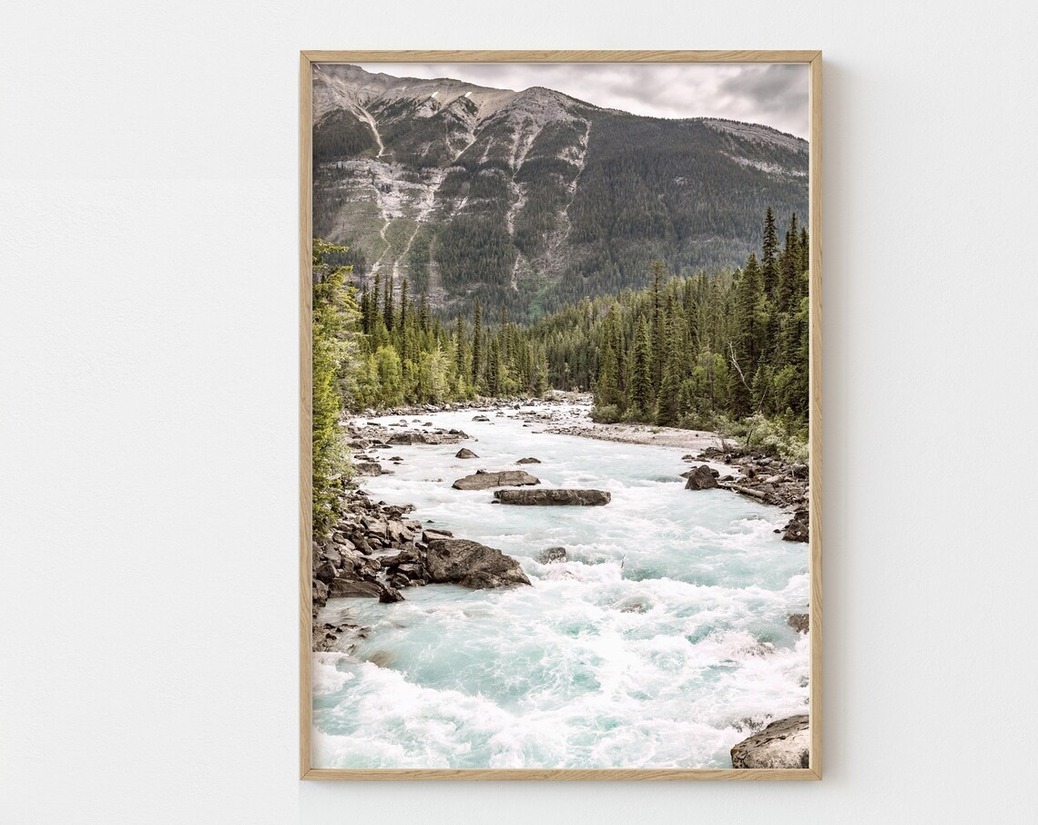 Turquoise Mountain River Rapids Pine Forest Rugged Peaks Nature Poster