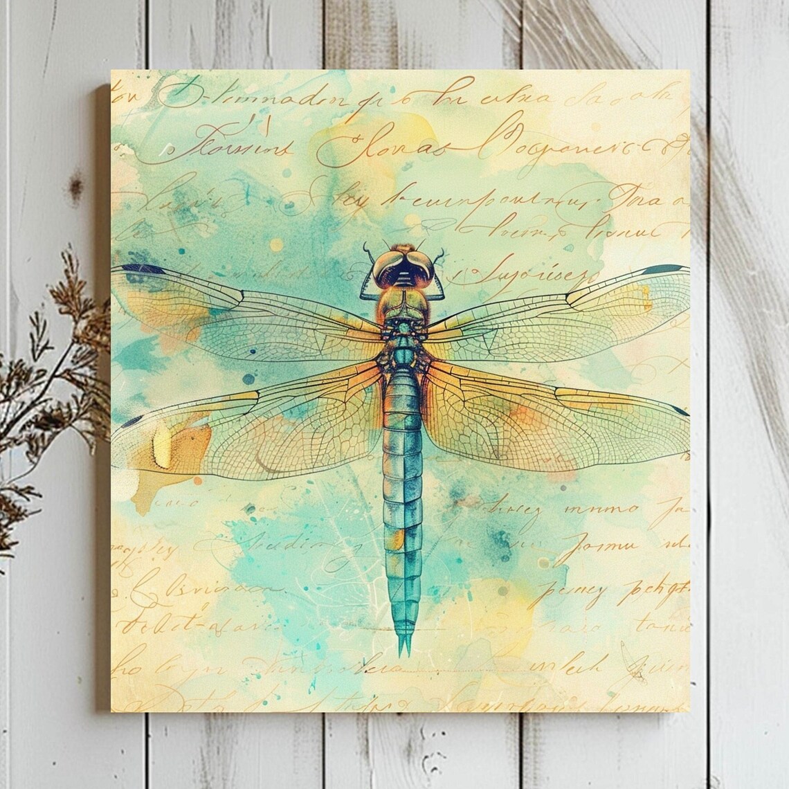 Dragonfly In A Vintage Script Background, Boho Art
