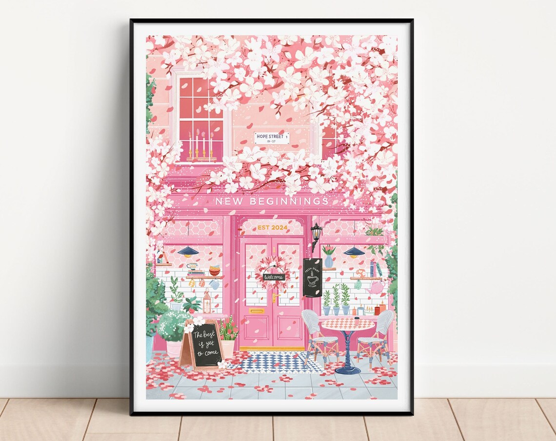 Cherry Blossom Cafe Poster, Pink Coffee Wall Art