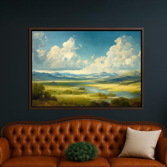 Peaceful River Valley Framed Canvas Wall Art Serene Cloudy Landscape