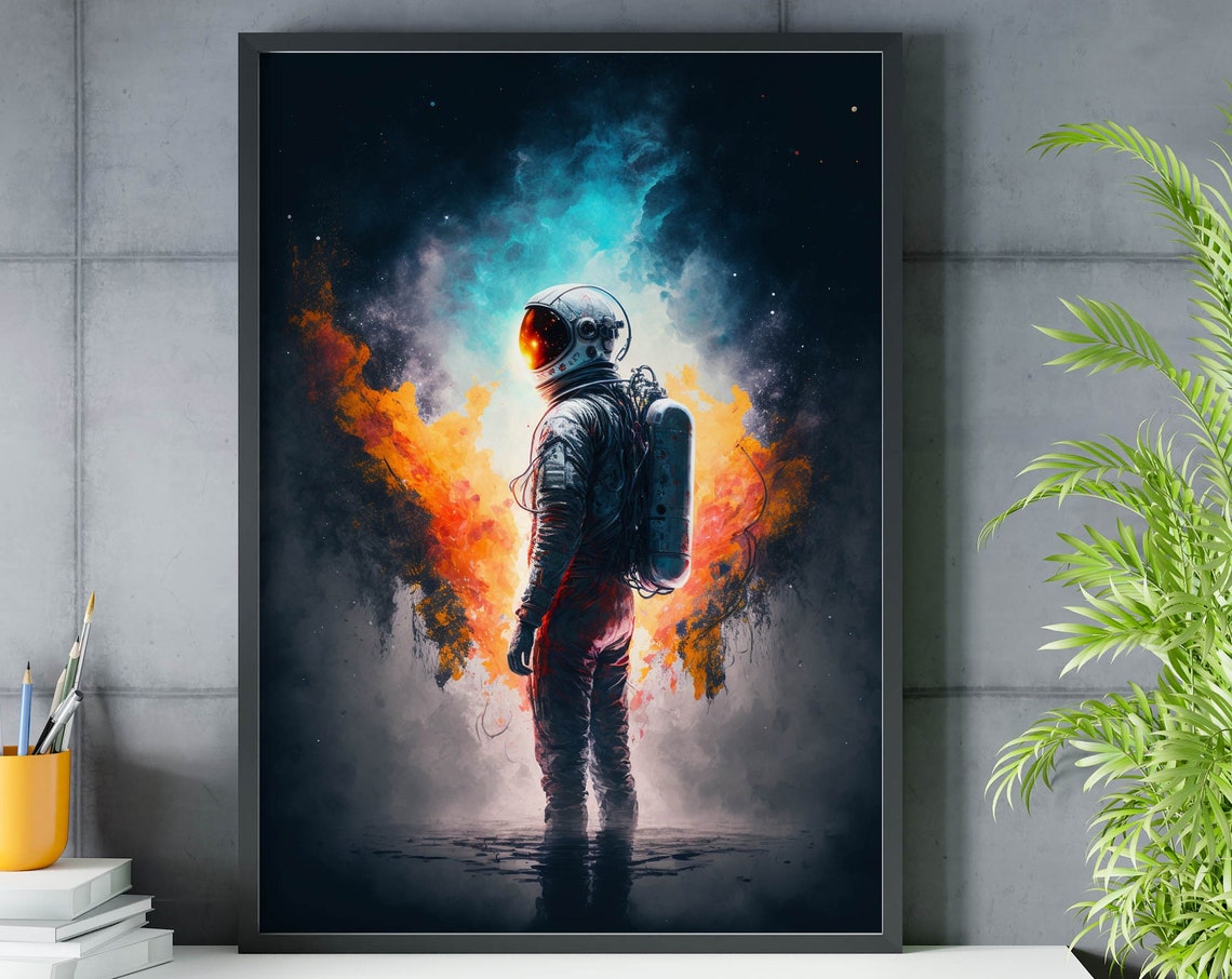 Void Astronaut Cosmic Smoke Teal Orange Nebula Space Art Poster
