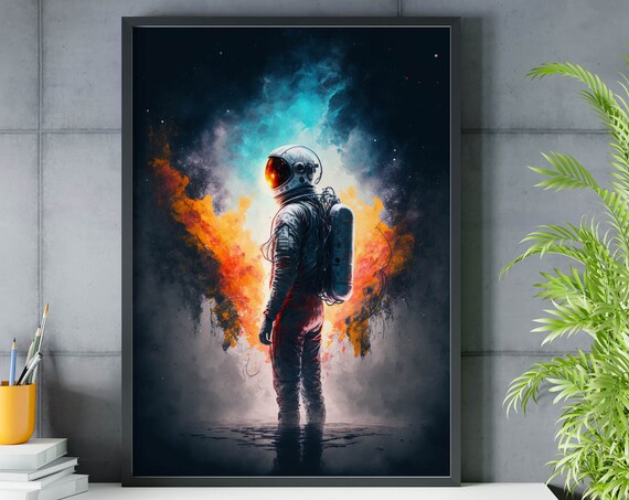 Void Astronaut Cosmic Smoke Teal Orange Nebula Space Art Poster