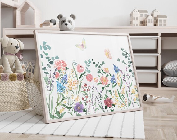 Watercolor Wildflower Meadow Butterflies Nursery Decor Wall Art