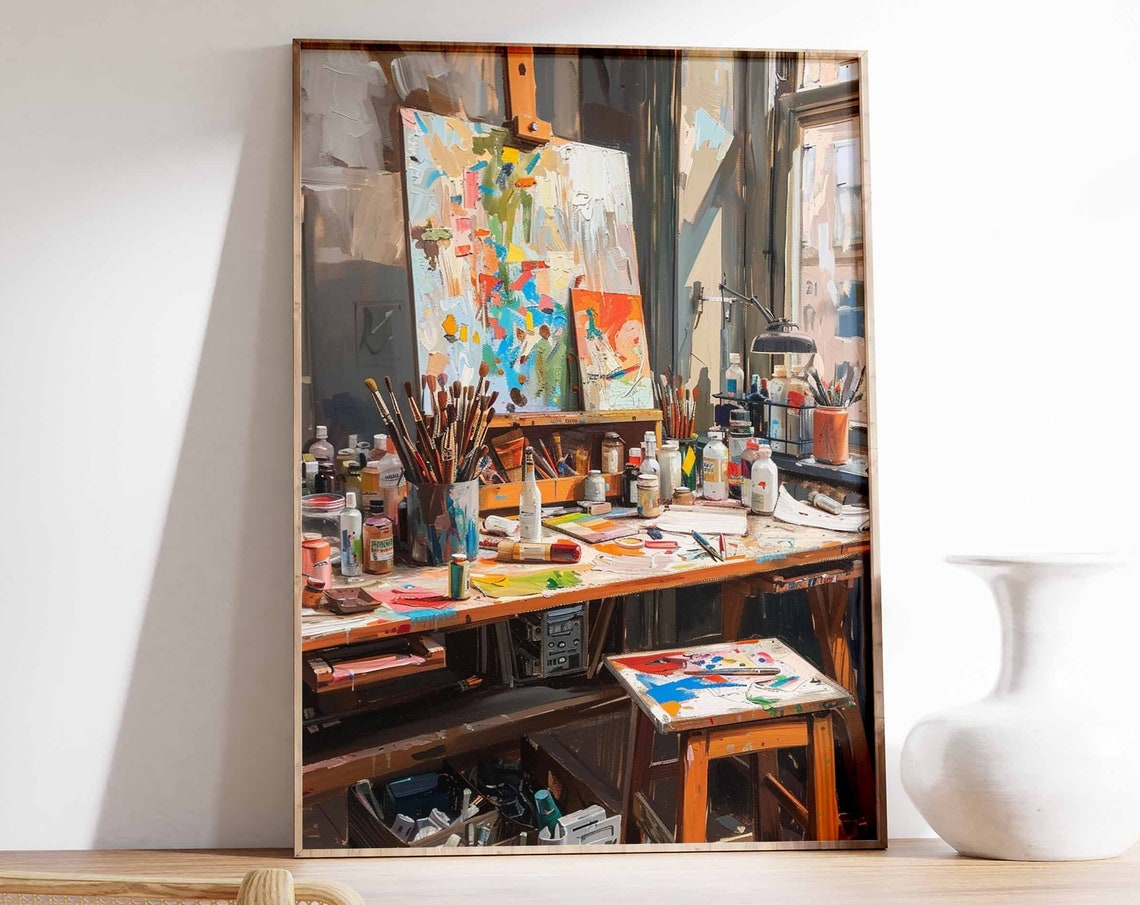Artist Studio Interior with Easel and Colorful Paint Supplies Poster