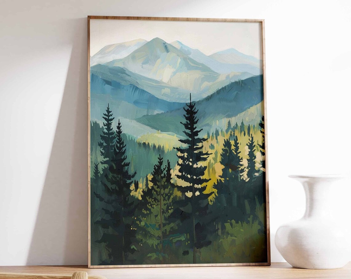 Hazy Blue Green Alpine Mountain Pine Forest Scenic Landscape Print