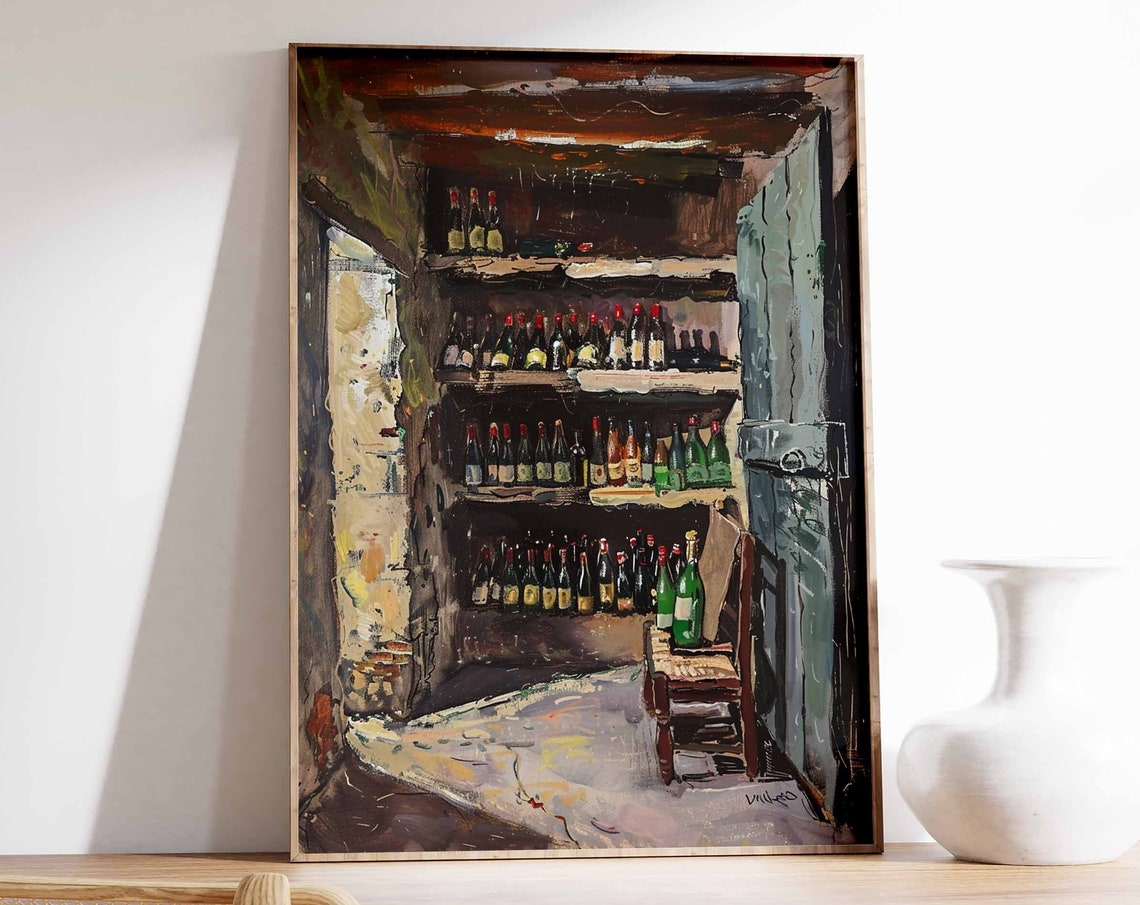 Old Wine Cellar Shelves Art Poster Bottle Rows Wooden Door Scene