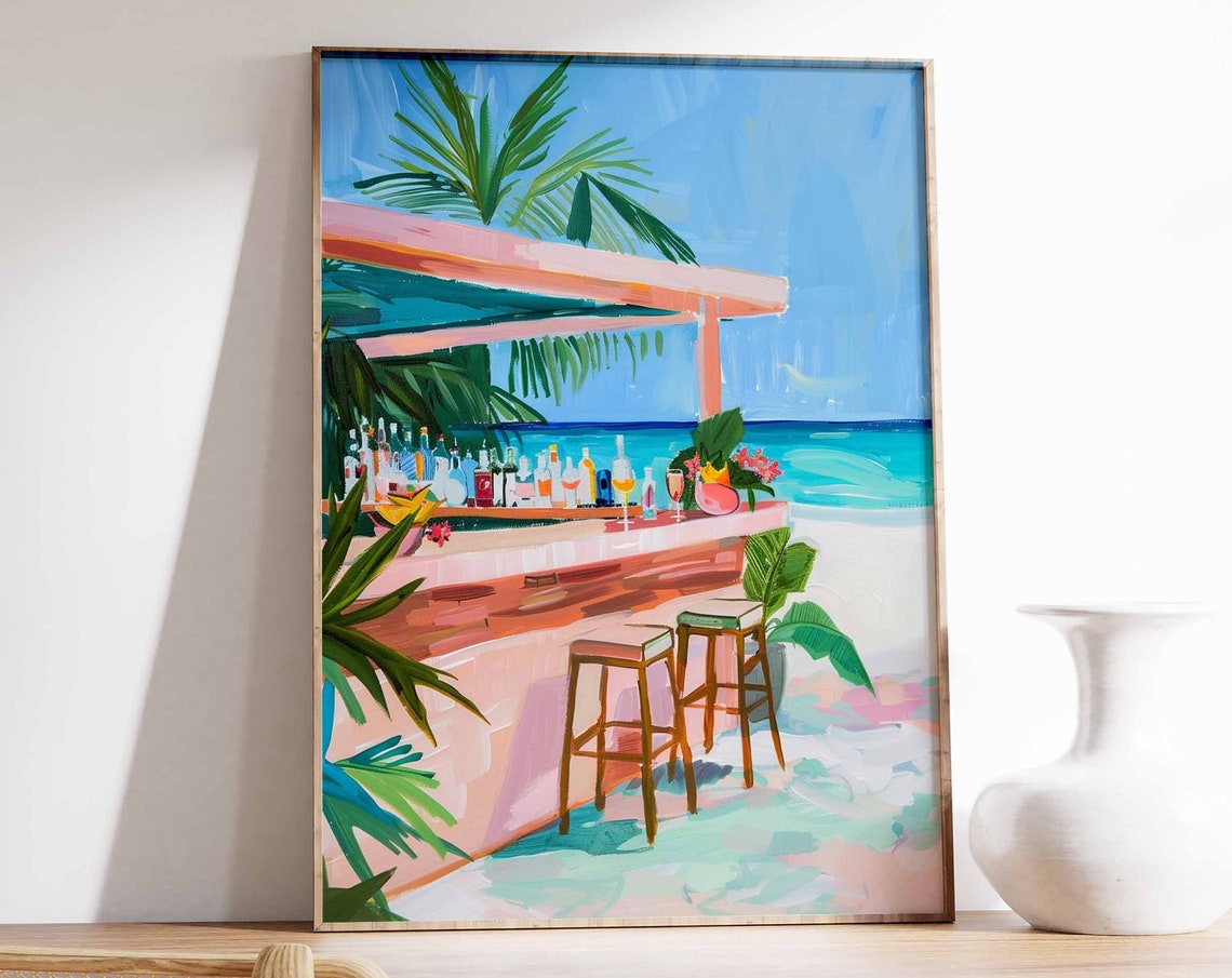 Pastel Pink Beach Bar White Canopy Bottles Palm Trees Ocean Poster
