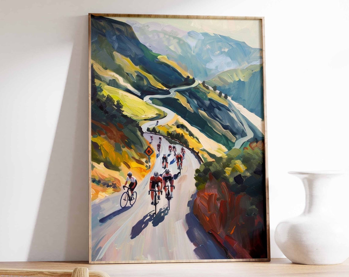 Road Cyclists Descending Hairpin Switchback Mountain Pass Poster