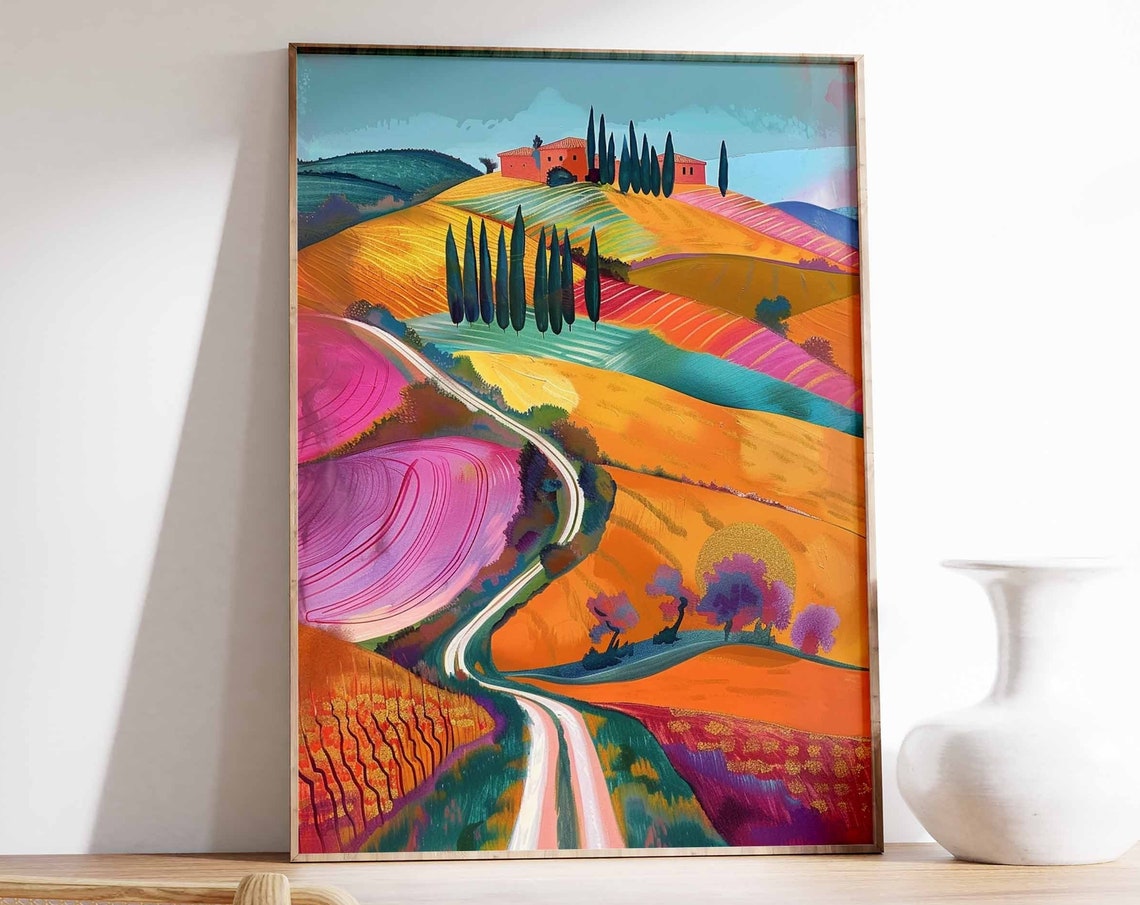 Hilltop Village Cypress Trees Winding Road Landscape Art Print