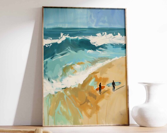 Two Surfers Walking on the Sand Beside Crashing Ocean Waves Poster