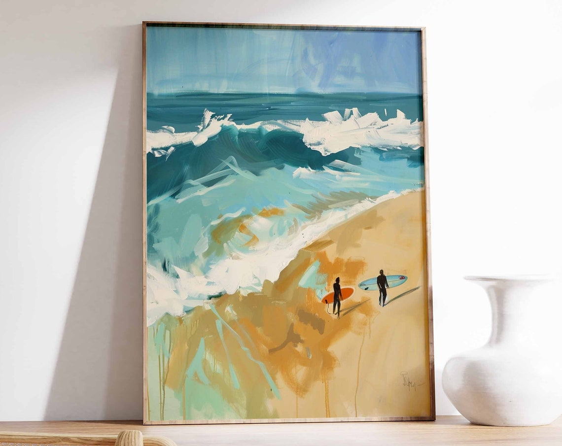 Two Surfers Walking on the Sand Beside Crashing Ocean Waves Poster
