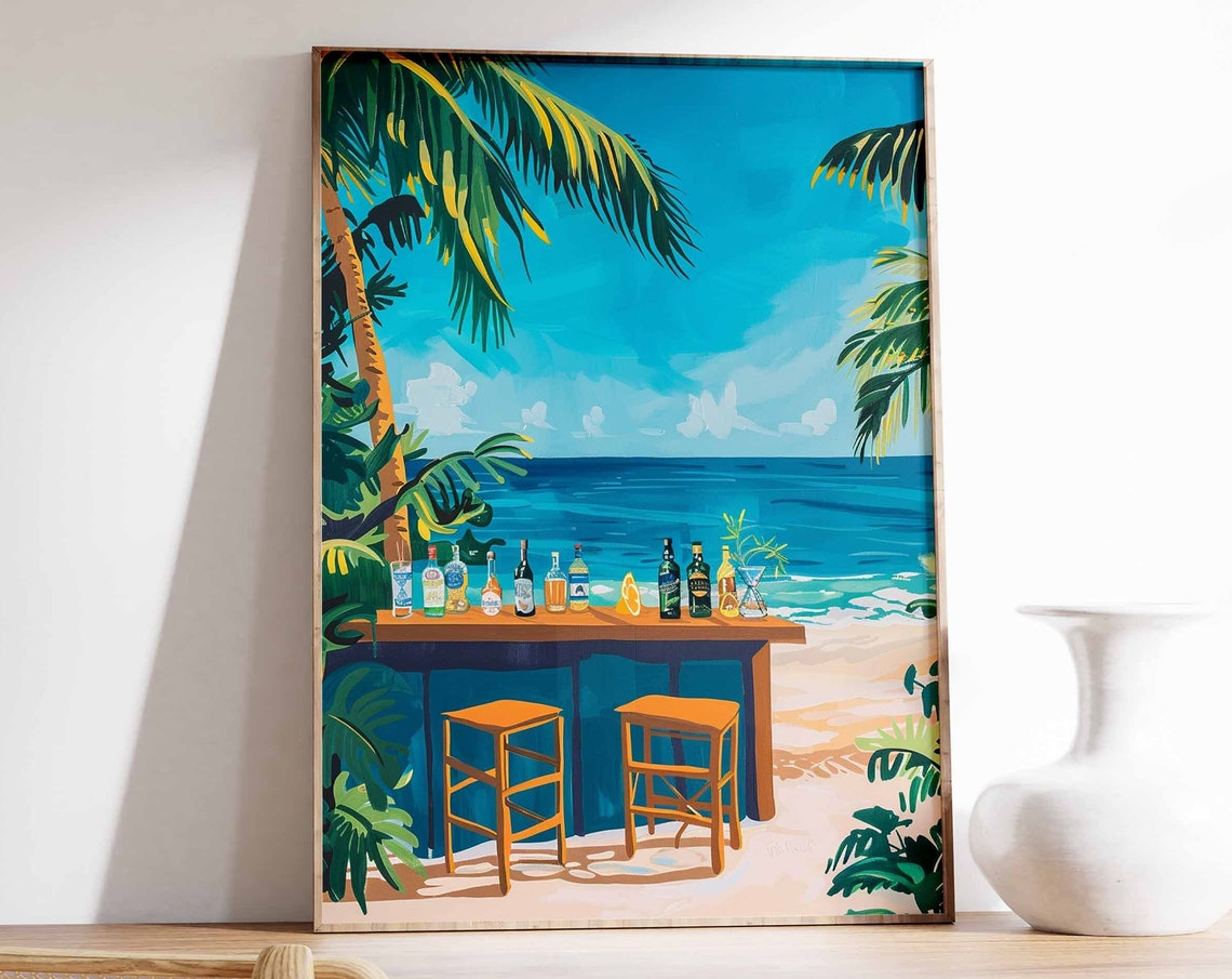 Wooden Beach Bar Bar Stools Turquoise Sea Palm Trees Scene Poster