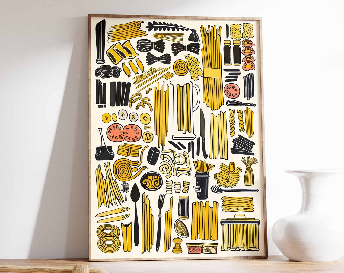 Illustrated Pasta Shapes Collection Kitchen Poster Italian Cooking Art