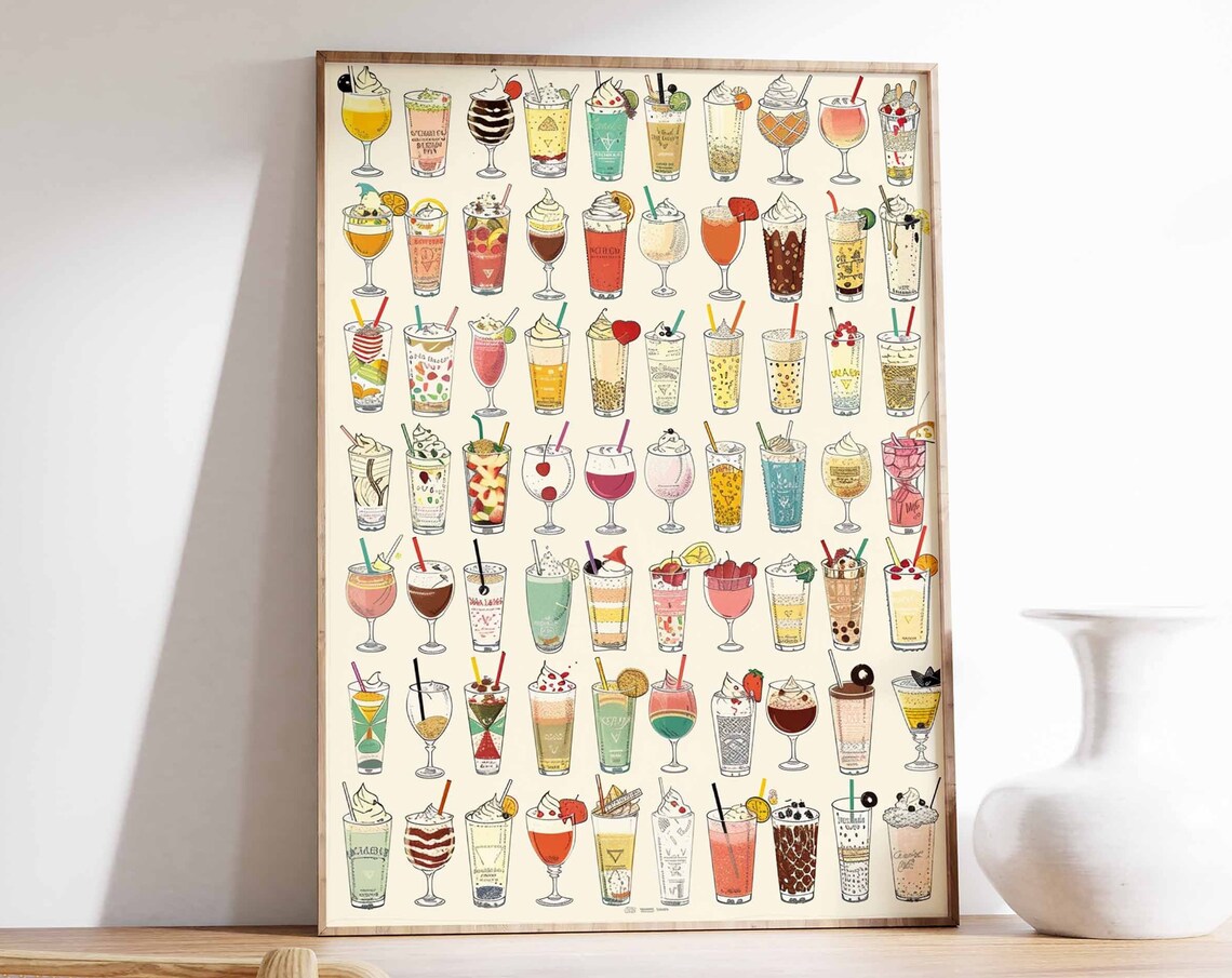 Illustrated Cocktail and Drinks Collection Bar Poster Colorful Art
