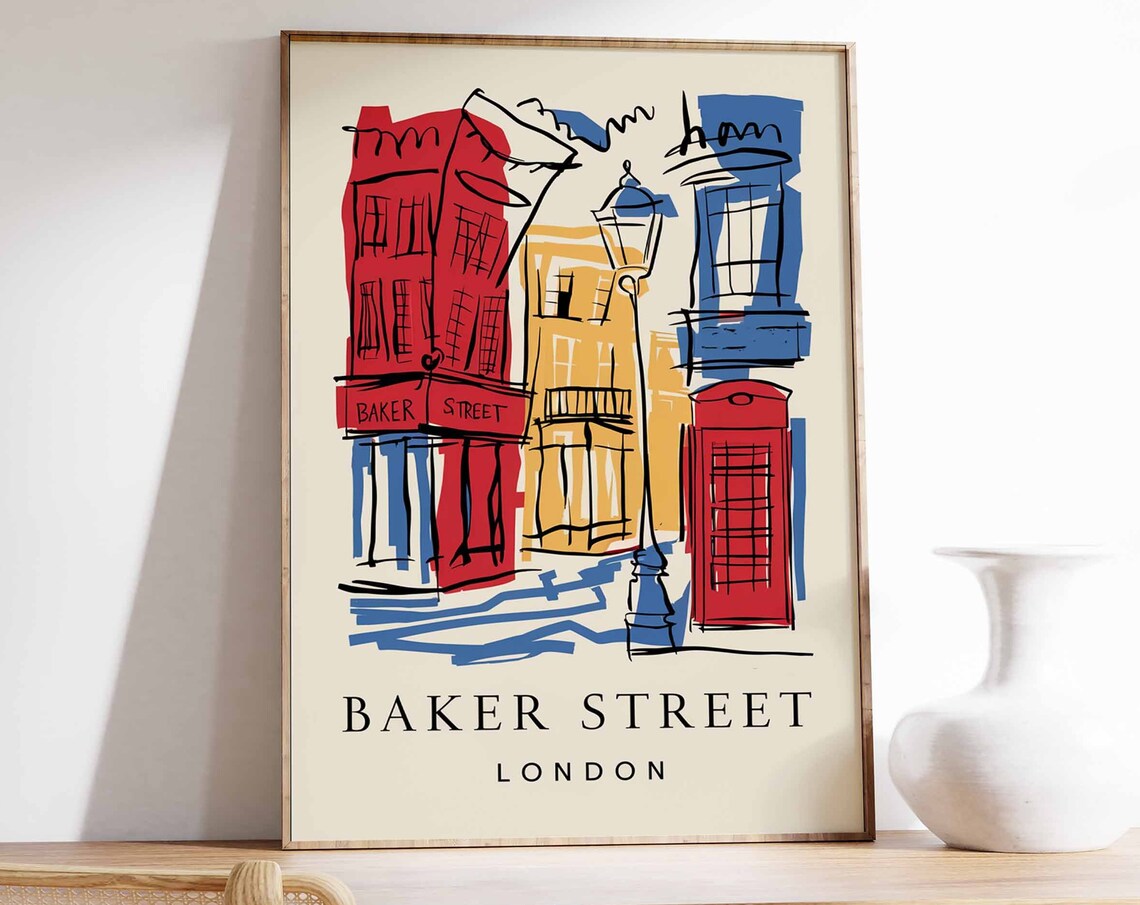 Baker Street London Sketch Red Phone Box Retro Street Poster
