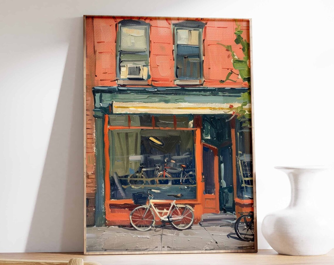 Orange Red Storefront White Bicycle City Street Painting Poster