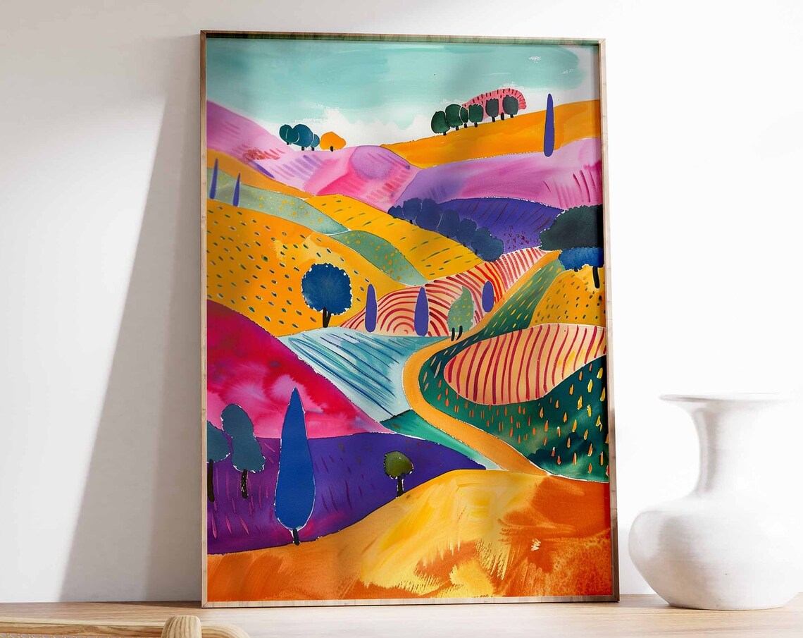 Colorful Hills Winding Road Cypress Trees Landscape Art Print