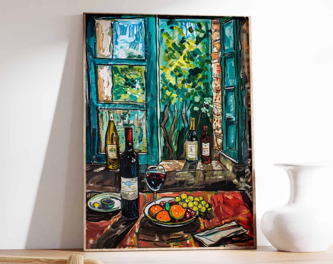 Wine Still Life Open Window Fruit Bowl Oil Painting Style Poster